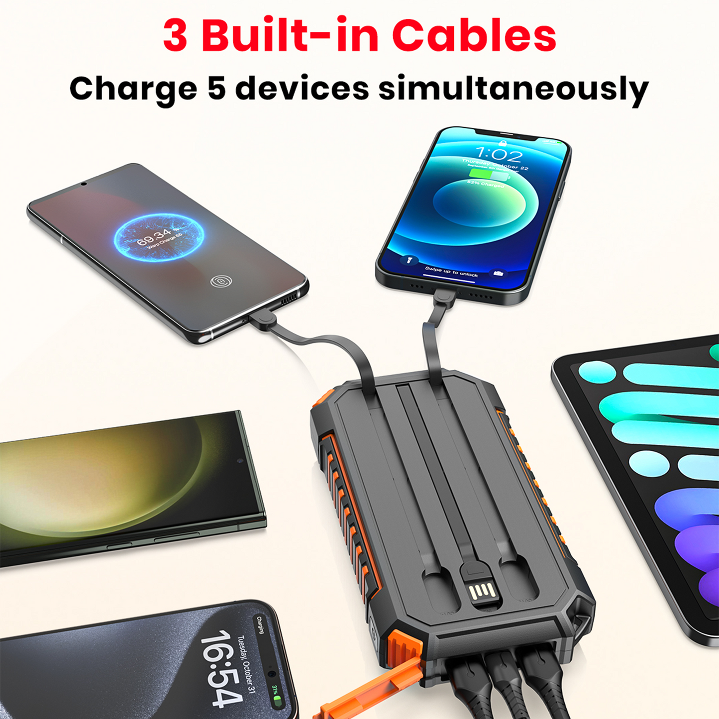CONXWAN Solar Power Bank 27000mAh Built-in 3 Cables